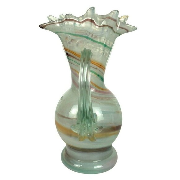 Hand-Blown Art Glass Pitcher Vase With Ruffled Spout & Swirl Pattern 7 inch Tall - Picture 2 of 6